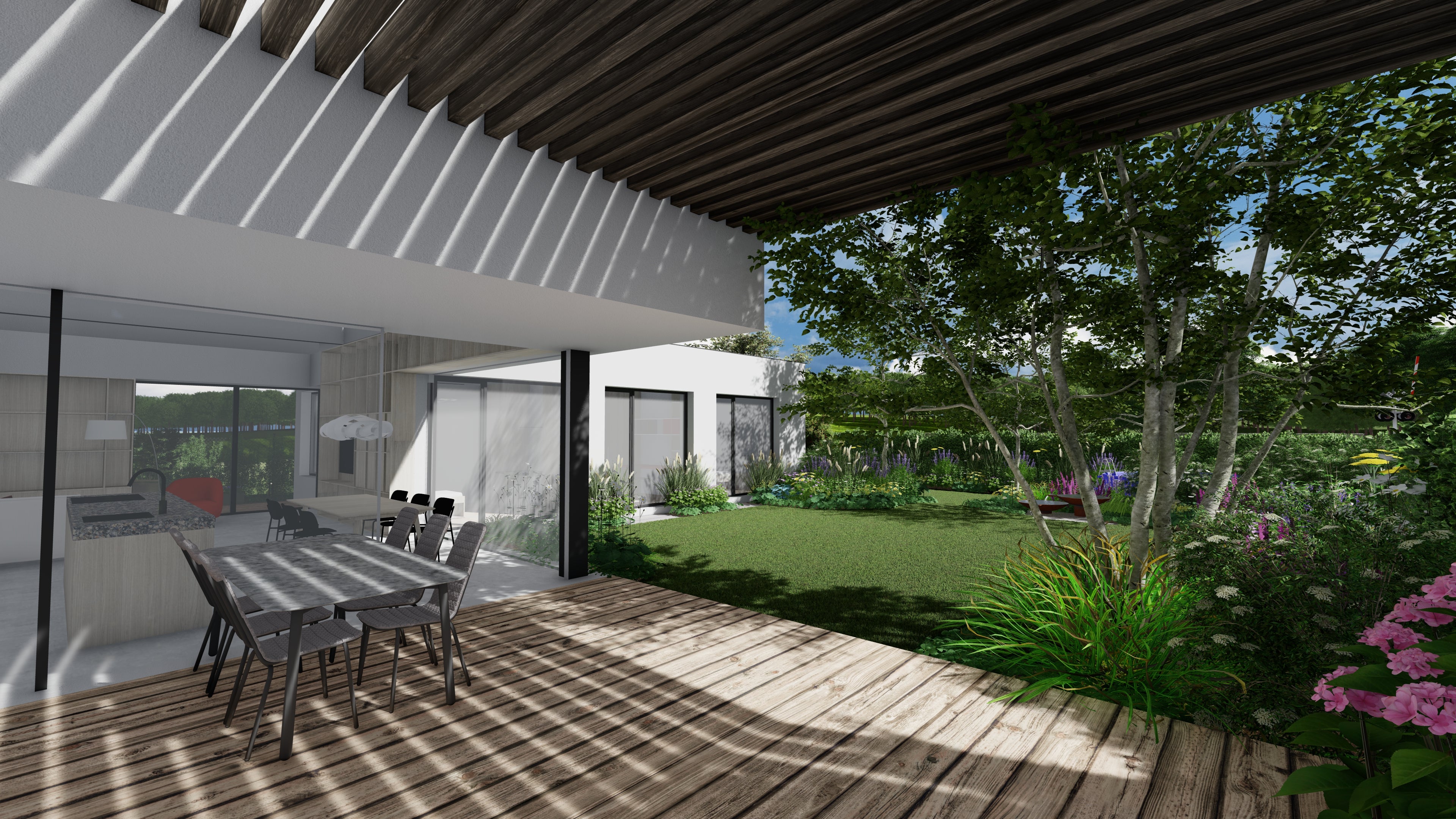 Řešení zahrady u železniční trati s využitím husté clonící výsadby a bariér pro zajištění klidu a soukromí na pozemku.